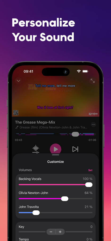 KaraFun – Karaoke & Music Quiz - KaraFun app customization interface for adjusting vocal volumes key and tempo