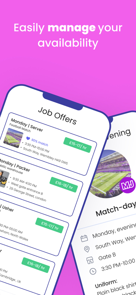 Ubeya - A mobile app interface showing a list of job offers with shift times and pay rates