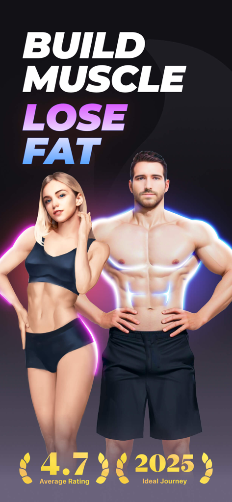 Promotional screen for MuscleFit fitness app featuring a fit man and woman with text reading Build Muscle Lose Fat and a 4.7 star rating