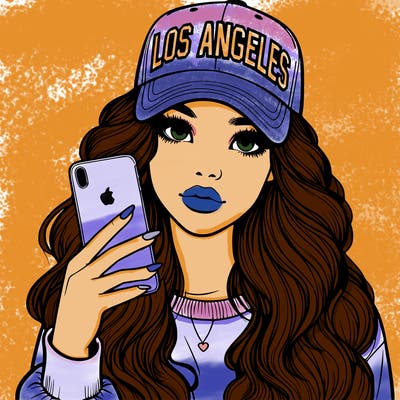 realistic beautiful girl wearing los ángeles cap holding an iphone