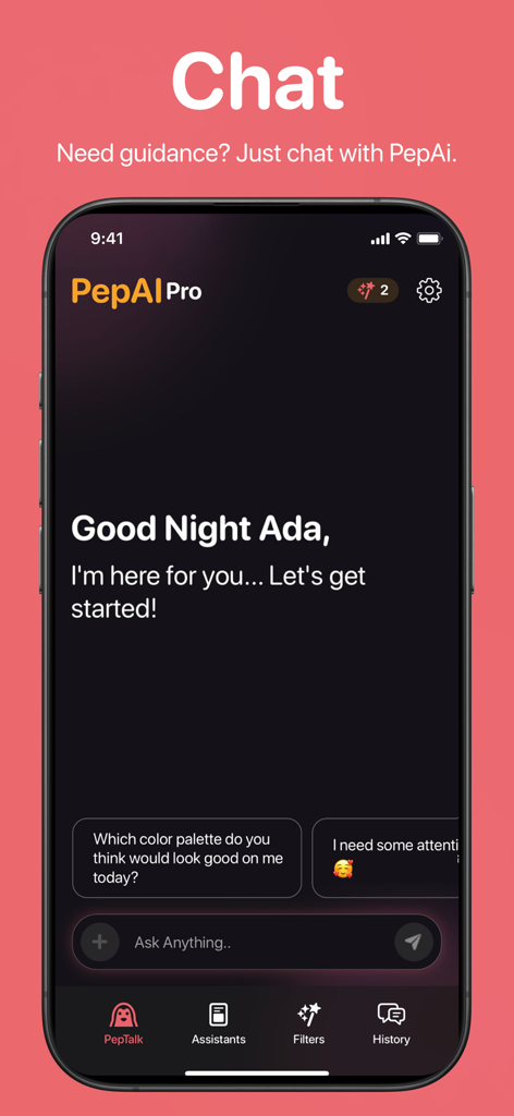 PepAI - Your Daily Companion - A screenshot of the PepAI app chat interface featuring a personalized greeting and an AI query box.