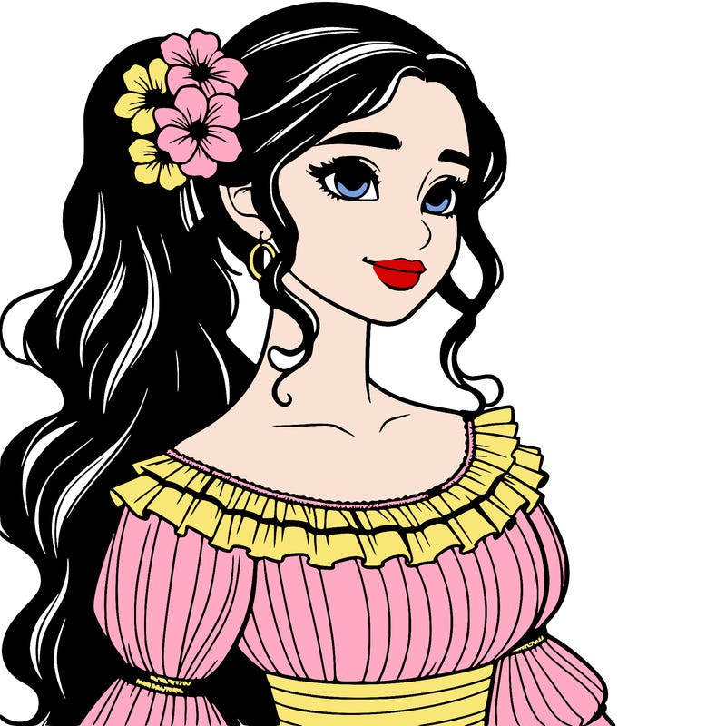a single latina woman with a side ponytail and a long dress with ruffles. she has a few discreet flowers in her hair. realistic