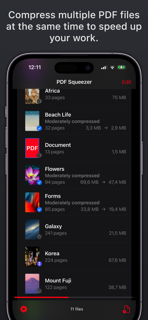 Benutzeroberfläche der PDF Squeezer App, die die Stapelkomprimierung mehrerer PDF-Dateien auf einem iPhone zeigt.