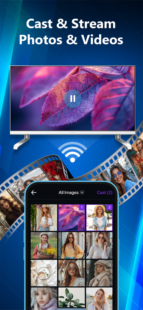 An iPhone casting a photo gallery and streaming a video to a smart TV using the universal remote app