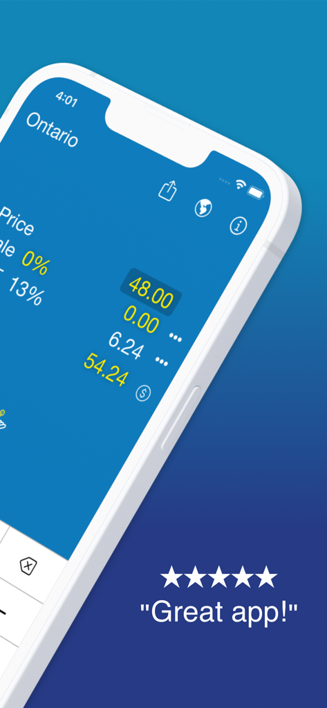 Interface of Sales Tax CANADA Calculator app showing tax calculation for Ontario province