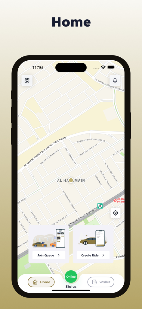 Msar Captain | كابتن مسار - Home screen of Msar Captain app showing a navigation map and buttons to join queue or create ride.