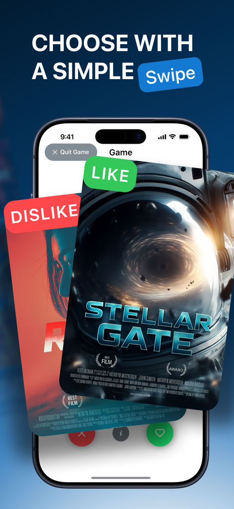 Kino! - Interface de aplicativo móvel mostrando um minijogo de descoberta de filmes onde os usuários deslizam para a direita para gostar ou para a esquerda para não gostar de pôsteres de filmes