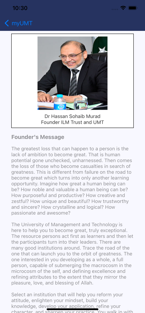 myUMT - Screenshot of the Founder Message page in the myUMT app featuring a portrait of Dr Hassan Sohaib Murad