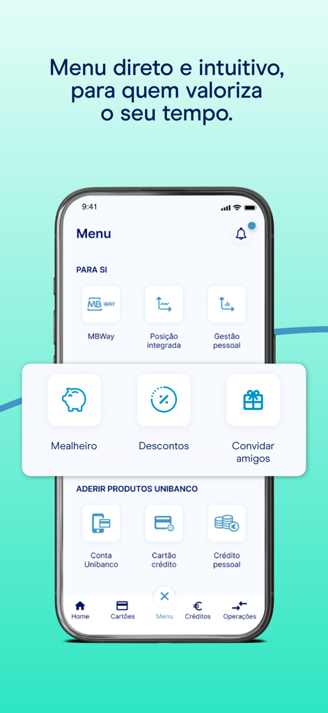 Main menu screen of the UNIBANCO mobile app showing various financial services and products
