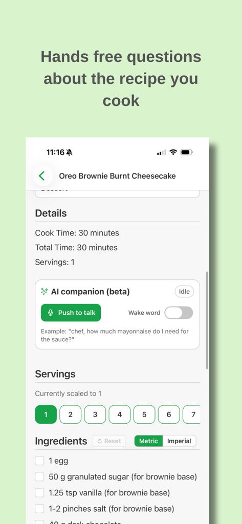 Save-Recipe: Online Cookbook - Bildschirm der Save-Recipe-App, der den KI-Kochbegleiter für freihändige Rezeptfragen und eine Checkliste für Zutaten zeigt