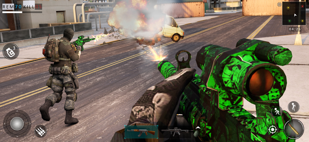 FPS Kuboom Counter Strike 3D - First person perspective of a tactical shooter game with a green skinned rifle and an explosion in the street