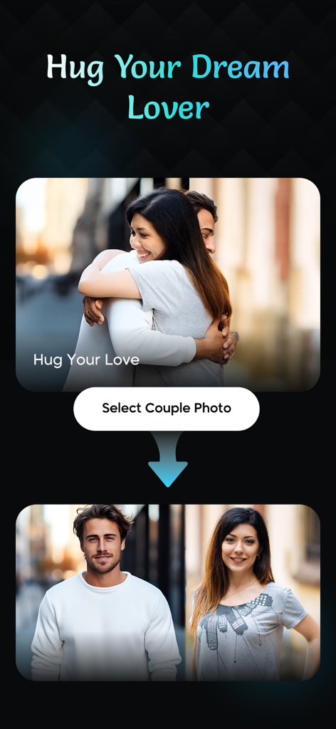 AI Kiss Video Maker : AI Hug - App screenshot demonstrating the AI hug feature to create videos from photos