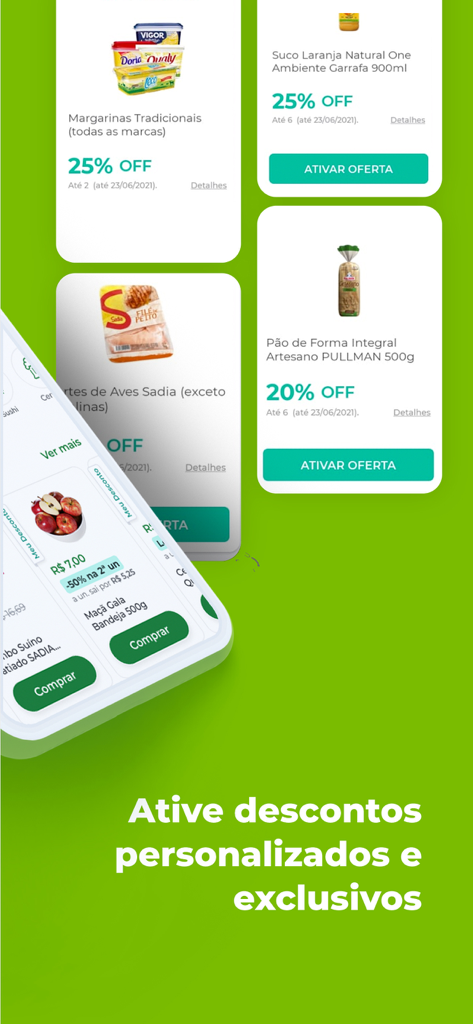 Pão de Açúcar Mais - Mobile interface of Pao de Acucar Mais app displaying various grocery discount cards and a smartphone shopping screen.