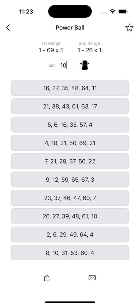 Pick Your Lucky Numbers - Mobile app screen showing a list of ten generated Powerball lottery number sets.
