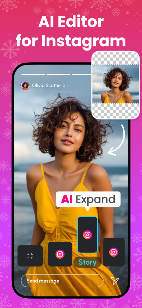 Edit Up: AI Photo Video Editor - La interfaz de la aplicación Edit Up que demuestra la función AI Expand para adaptar un retrato de playa al formato de Instagram Story.