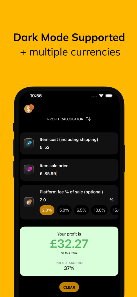 Simple Profit Calculator - Interfaz de la aplicación móvil Calculadora de Ganancias Simple en modo oscuro mostrando un cálculo de ganancias y margen en GBP.