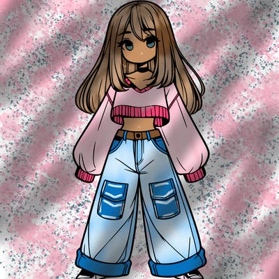 cute girl with straight hair in baggy jeans and a crop top and a sweater