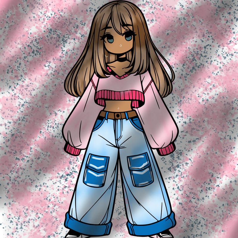 cute girl with straight hair in baggy jeans and a crop top and a sweater