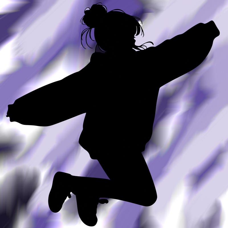 realistic girl jumping with a bun and oversized sweatshirt