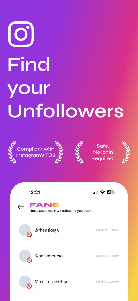 Unfollow Tracker - FANS - FANS app screen showing a list of Instagram unfollowers with a safe no login required message