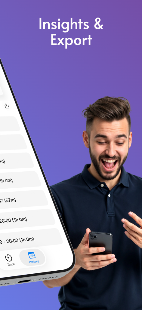 OMADワンボタン・トラッカーアプリのファスティング履歴とインサイト画面。過去の食事時間を示しています。