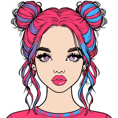 realistic girl with two buns in hair and lips