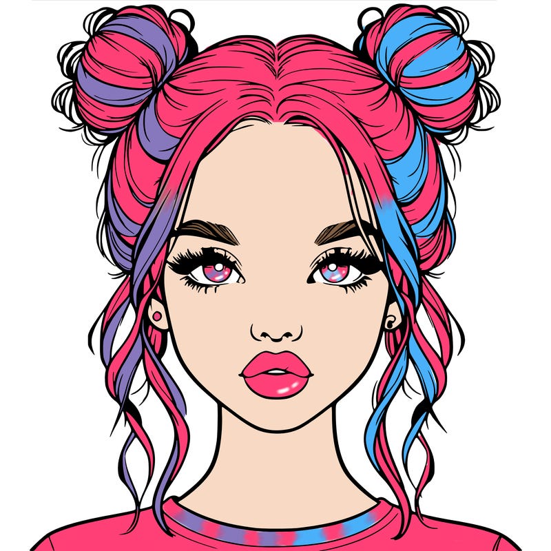 realistic girl with two buns in hair and lips