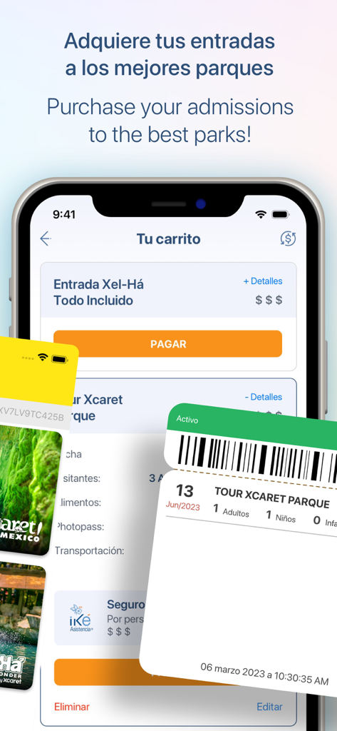 Xcaret app interface showing digital ticket booking and mobile park entry barcodes