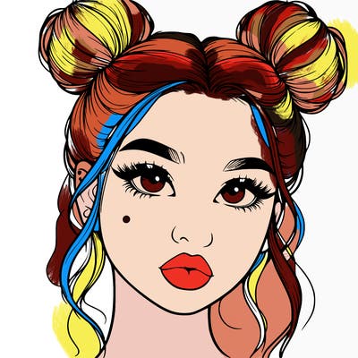 realistic girl with two buns on her hair and lips