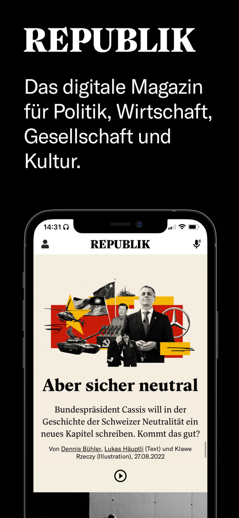 Republik - Captura de tela da interface do aplicativo móvel Republik exibindo um artigo de jornalismo de formato longo com uma ilustração política