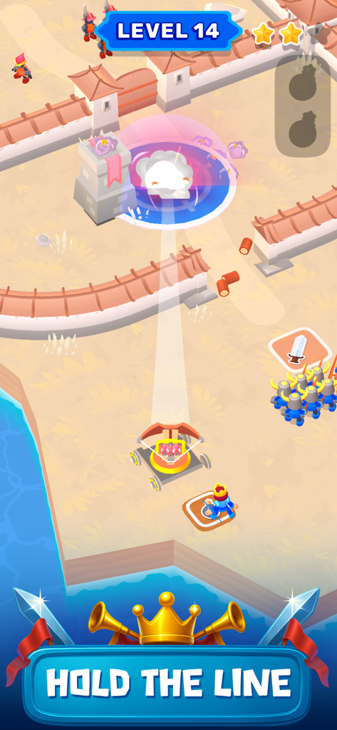 Catapult attacking a castle tower in a medieval battle scene from Royal Lands