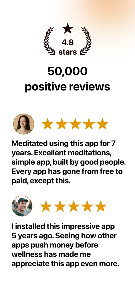 Let's Meditate - Relax & Sleep - Display of 4.8 star rating with fifty thousand positive user reviews for Let's Meditate app
