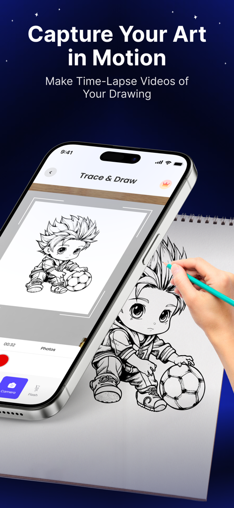 AR Drawing Paint & Sketch 4+ - A hand tracing an anime character on paper using a smartphone with an augmented reality drawing app and time lapse recording feature.