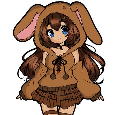 pretty anime girl wearing a fluffy hoodie with bunny ears on the hood and a skirt