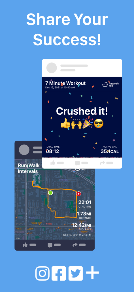 Intervals Pro: HIIT Timer - Intervals Pro app screen displaying social media sharing features for workout summaries including total time, calories burned, and GPS running maps.