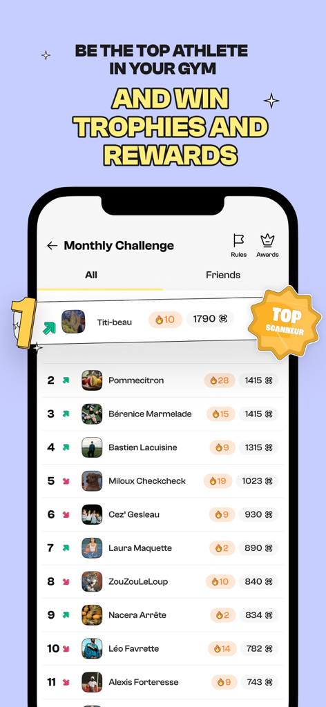 EXO app monthly challenge screen showing a leaderboard of gym athletes with rankings and rewards