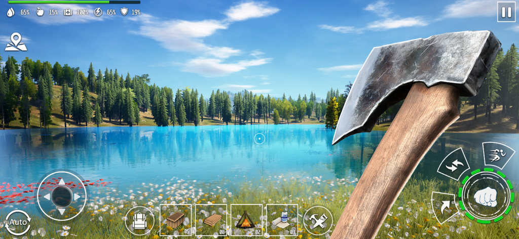 Woodcraft Survival Island Game - First person view of a stone axe and a blue lake in a survival game