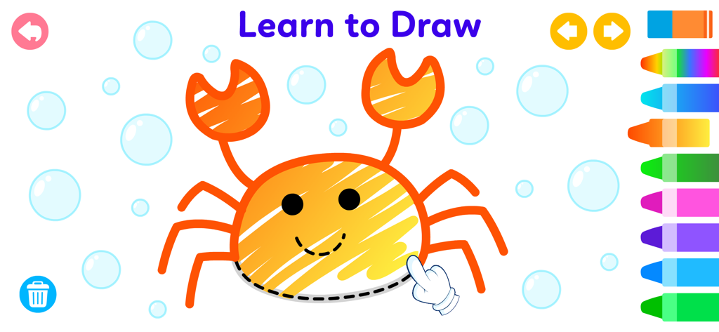 Learn to Draw–Drawing for Kids - 점선과 다채로운 크레용으로 갑각류 따라 그리기 활동을 보여주는 어린이 그림 앱 인터페이스