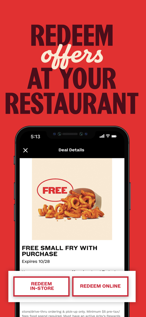 Tela do app Arbys mostrando uma oferta de batata frita pequena grátis e botões de resgate