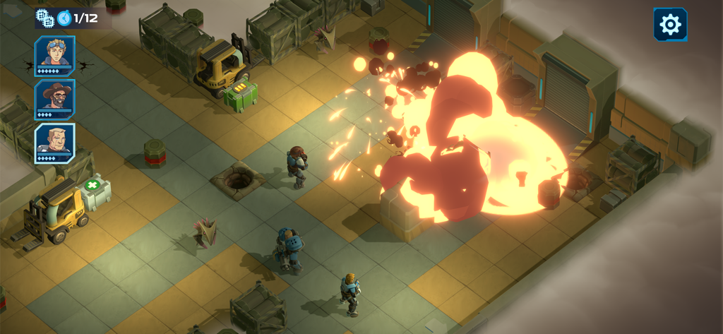 SFマップ上の大規模な爆発を特徴とする戦術部隊の戦闘を描いたSpacelandのゲームプレイ画面