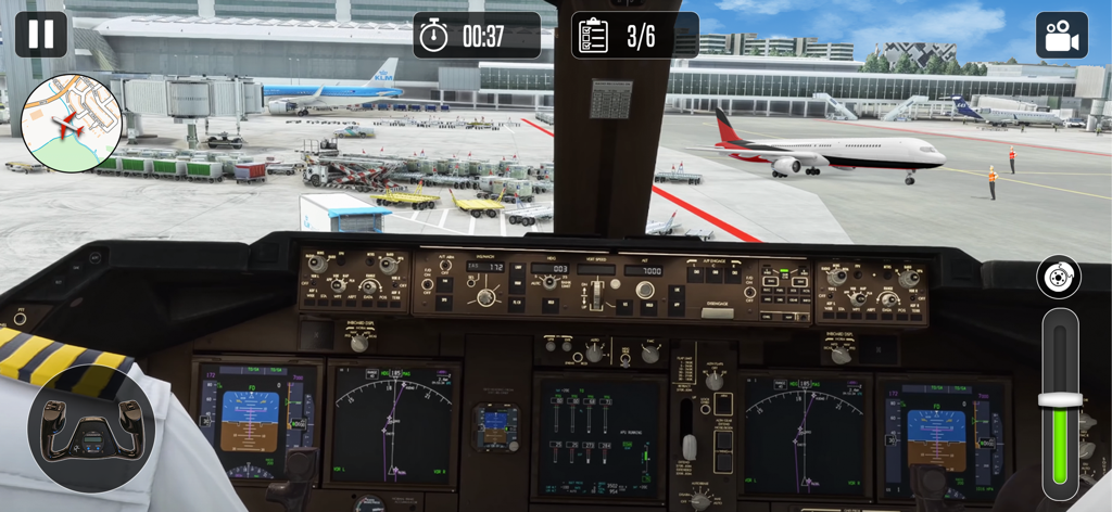 Airport City Pilot Game Flight - Uma visão detalhada do cockpit em primeira pessoa de um avião comercial no pátio de um aeroporto em um jogo de simulação de voo.