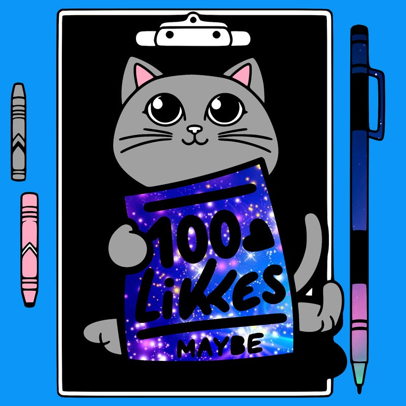 a cat holding a paper that says 100 likes maybe