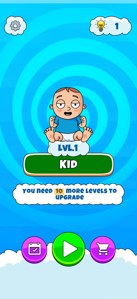IQ Boost 2 level 1 start screen showing a cartoon baby character labeled Kid