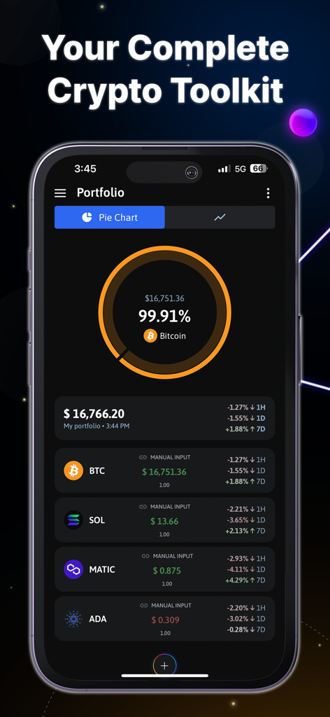 The Crypto App의 모바일 인터페이스로, 비트코인 및 기타 알트코인의 파이 차트 및 가격 데이터가 포함된 암호화폐 포트폴리오 요약이 표시됩니다.