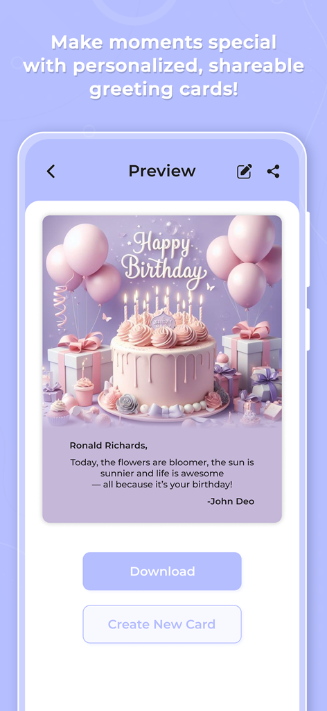 GreetingAI - AI Card Maker - Preview of a personalized AI-generated birthday card with a pink cake and balloons in the GreetingAI app