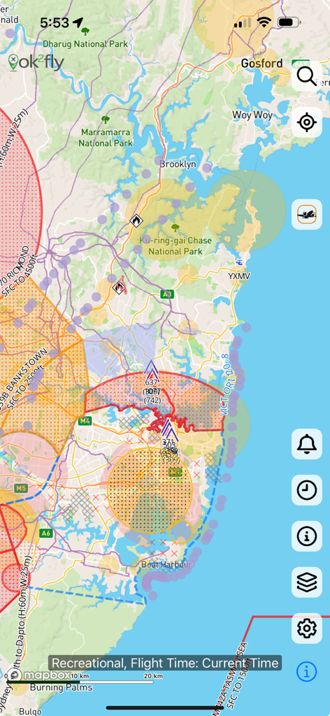 A detailed drone airspace map showing restricted flight zones and safety information in the ok2fly app
