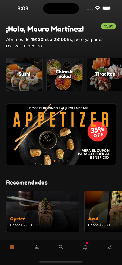 Ishidan - 石段モバイルアプリのホームページ。寿司メニューカテゴリとプロモーションの前菜バナーが表示されています。