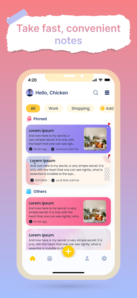 Painel do aplicativo Color Note apresentando notas estéticas codificadas por cores e anexos de fotos