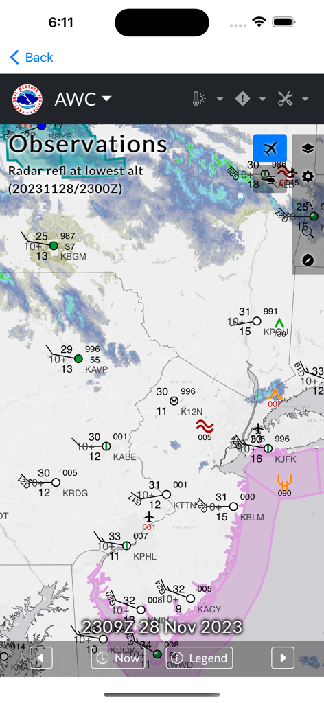 Aviator's Instant Weather - Live aviation weather map displaying radar data and airport observations