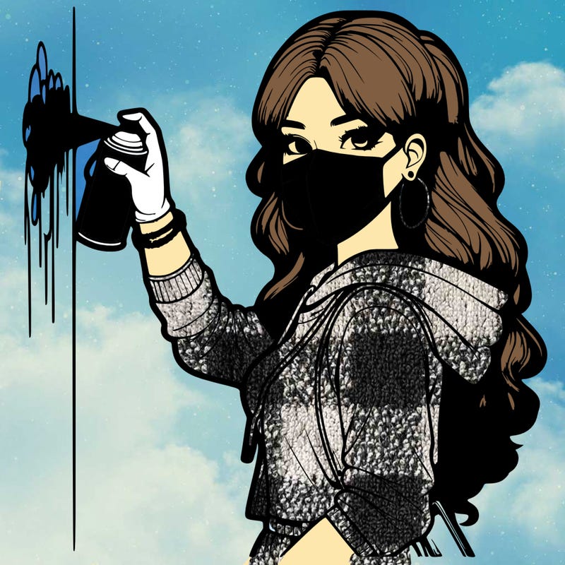 realistic girl with mask spray painting a wall